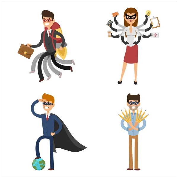 Super-herói homem de negócios mulher vetor ilustração conjunto personagem sucesso desenho animado poder conceito empresário forte pessoa silhueta líder equipe isolado —  Vetores de Stock