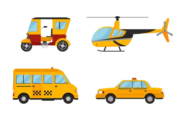 Taxi cab isolated vector illustration white background passenger car transport yellow icon sign city truck van cargo helicopter city different — Stock Vector