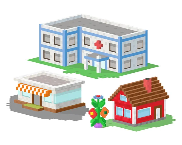 Leuke kleurrijke vlakke stijl huis dorp pixel kunst onroerend goed huisje en binnenlandse ontwerp kleurrijke woongebouw bouw vector illustratie. — Stockvector