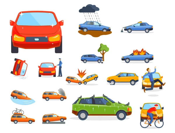 Accidents de voiture assurance collision sécurité automobile catastrophe et catastrophe d'urgence vitesse réparation vectoriel illustration . — Image vectorielle