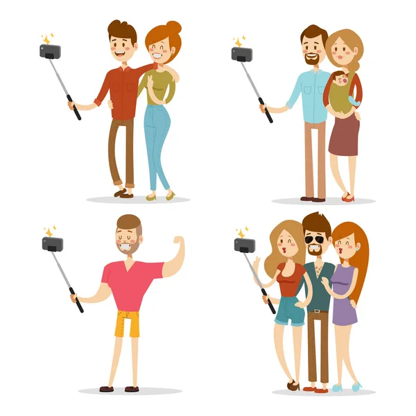 Selfie emberek elszigetelt vektoros illusztráció karakter fénykép életmód beállítása csípő Szúró lapos fényképezőgép smartphone személy kép — Stock Vector