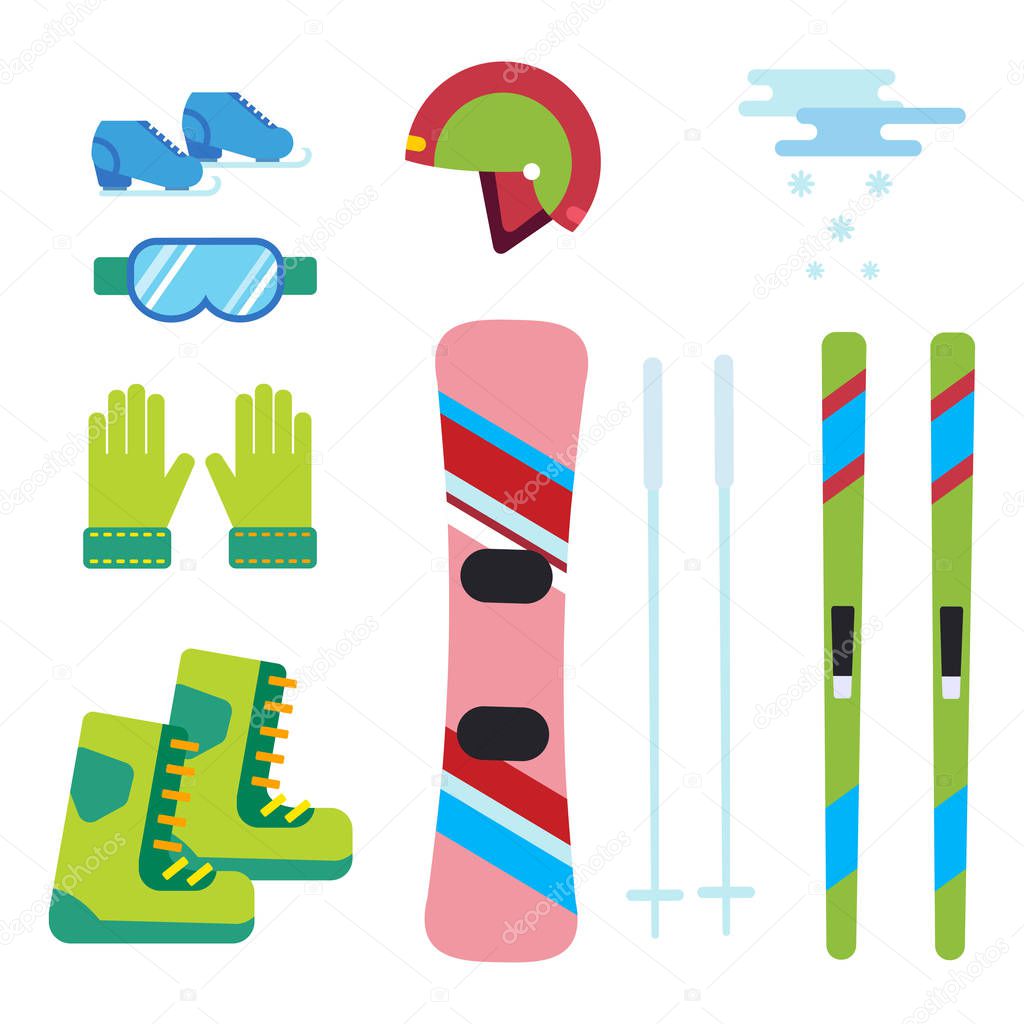 Winter sport vector icons set ski snowboarding clothes tool elements helmet glove boots element item illustration isolated equipment extreme lifestyle