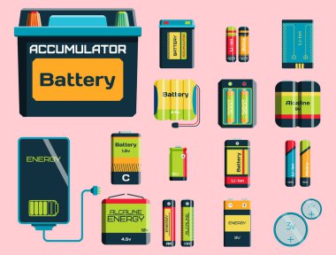 Pil enerji araç elektrik şarj yakıt olumlu arz ve isposable üretimi bileşen alkali sanayi teknoloji vektör çizim.