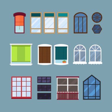 Farklı türleri windows elemanları izole set düz stil çerçeveler iç kapı Çift Kişilik yapımı ve çağdaş dekorasyon daire vektör çizim ev.
