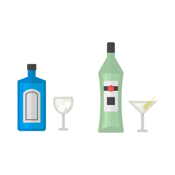 Alcohol martini dranken dranken cocktail drinken fles pils verfrissing container en menu dronken concep verschillende fles en glazen vectorillustratie. — Stockvector