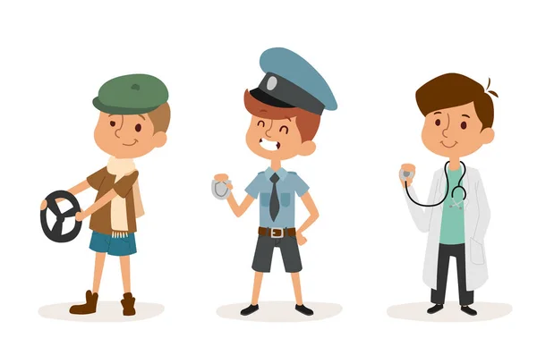 Cartoon profissão crianças vetor conjunto ilustração pessoa infância policial médico motorista uniforme trabalhador personagem — Vetor de Stock