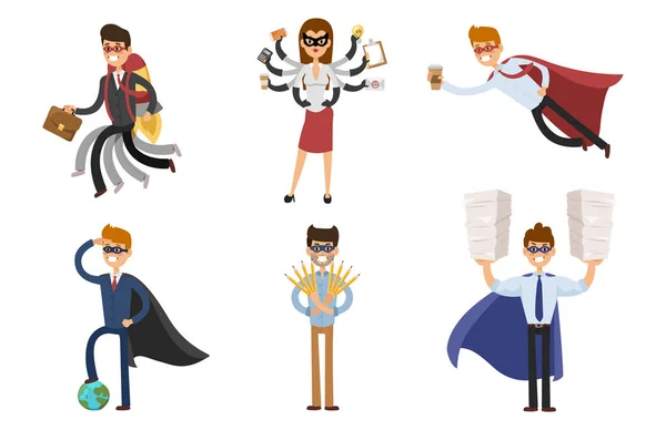 Superhéroe hombre de negocios mujer vector ilustración conjunto carácter éxito dibujos animados poder concepto hombre de negocios fuerte persona silueta líder equipo aislado — Vector de stock