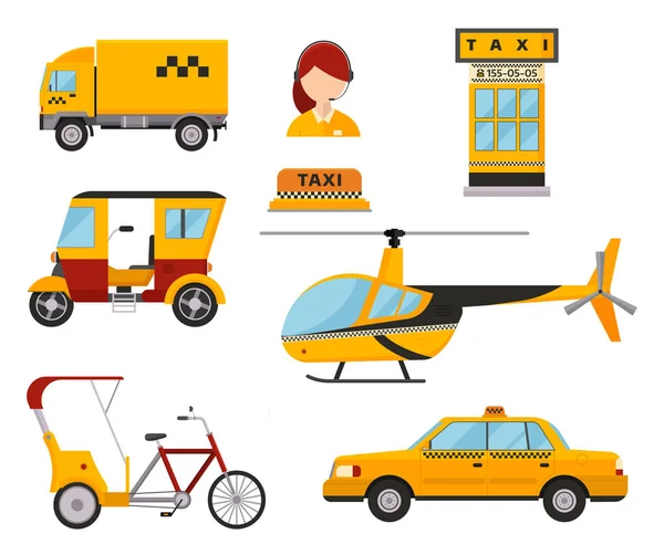 Taxi cab isolated vector illustration white background passenger car transport yellow icon truck van cargo helicopter bicycle dispatcher different — Stock Vector