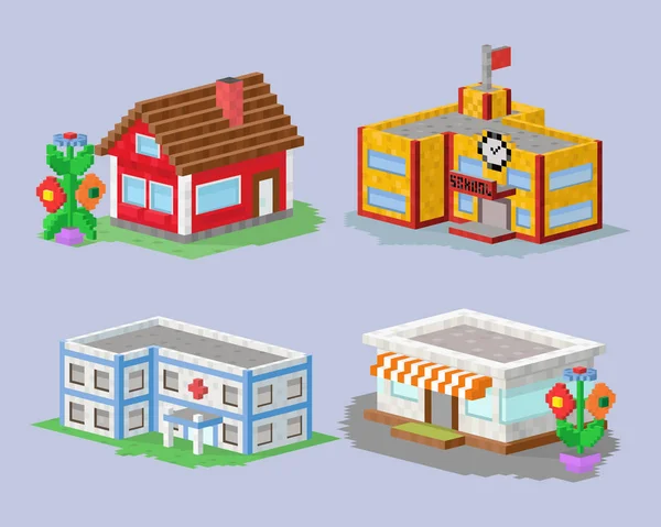 Leuke kleurrijke vlakke stijl huis dorp pixel kunst onroerend goed huisje en binnenlandse ontwerp kleurrijke woongebouw bouw vector illustratie. — Stockvector