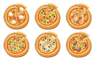 Pizza düz simgeler vektör illüstrasyon parça dilim pizzacı gıda menü meze beyaz arka plan biberli madde teslim İtalyan set izole