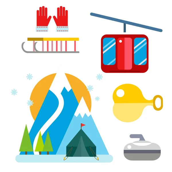 Wintersport Vektor Icons Set Ski Gondel Snowboard Kleidung Werkzeug Elemente Element Illustration isolierte Ausrüstung Extrem Lifestyle Curling — Stockvektor