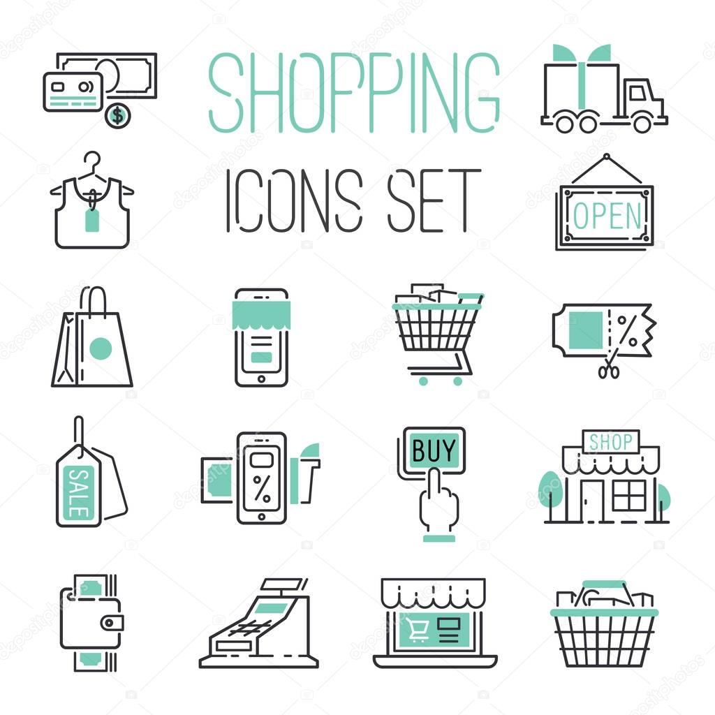 Shopping retail delivery gift card discount business internet and more thin line icons discount price set basket market vector illustration.