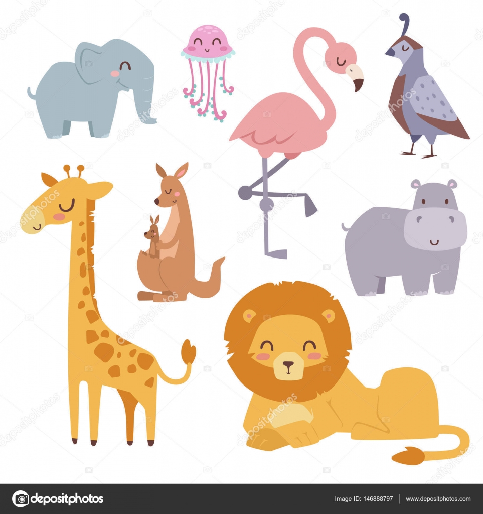 Cute zoo cartoon animals isolated funny wildlife learn cute ...