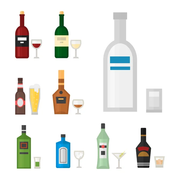 Alcohol drinkt dranken cocktail whiskey drinken fles pils verfrissing container en menu dronken concept verschillende fles en glazen vectorillustratie. — Stockvector