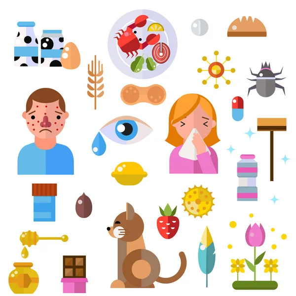 Allergie-Symbole Krankheit Gesundheit Tabletten Viren und Gesundheit Flachetikett Menschen mit Krankheit Allergen Symptome Krankheit Informationsvektor Illustration. — Stockvektor