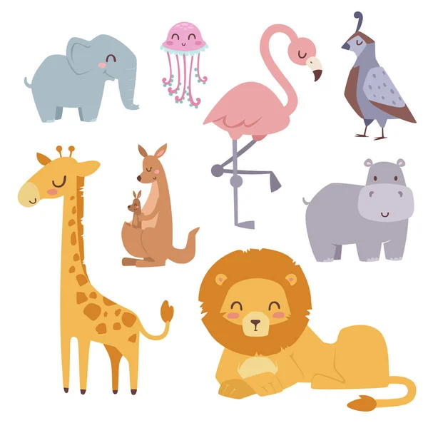 Cute zoo cartoon animals isolated funny wildlife learn cute language and tropical nature safari mammal jungle tall characters vector illustration. — Stock Vector