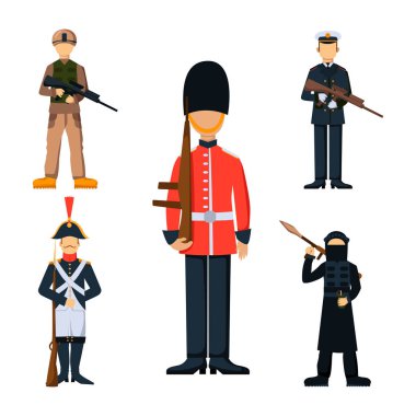 Askeri asker karakter silah sembolleri adam siluet Kuvvetleri tasarım zırh ve Amerikan savaş mühimmat Donanma kamuflaj işareti illüstrasyon vektör.