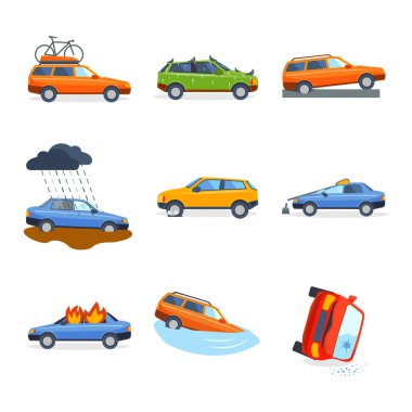 Car crash collision traffic insurance safety automobile emergency disaster and emergency disaster speed repair transport vector illustration. clipart