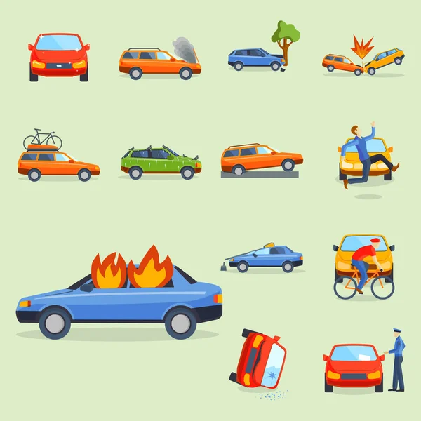 Autó baleset ütközés forgalmat biztosító biztonsági autó sürgősségi katasztrófa és sürgősségi katasztrófa sebesség javítás közlekedési vektoros illusztráció. — Stock Vector