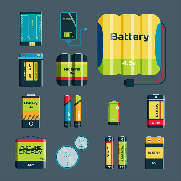 Baterie energie nástroj elektřiny nabití paliva pozitivní dodávek a isposable generace komponenty alkalický průmysl technologie vektorové ilustrace. — Stockový vektor
