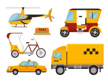 Taksi taksi izole vektör çizim beyaz arka plan yolcu araba taşıma sarı simge işareti şehir kamyon van kargo helikopter Bisiklet farklı