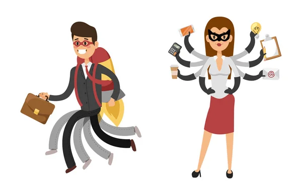 Superhéroe hombre de negocios mujer vector ilustración conjunto carácter éxito dibujos animados poder concepto hombre de negocios fuerte persona silueta líder equipo aislado — Vector de stock