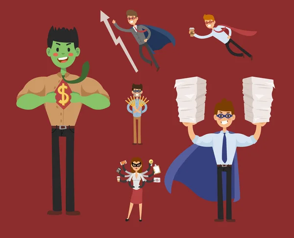 Superhero bisnis pria wanita vektor ilustrasi set karakter sukses konsep kartun kekuasaan pengusaha orang kuat siluet pemimpin tim terisolasi - Stok Vektor