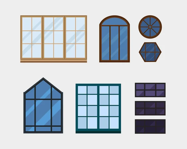 Different types house windows elements isolated set flat style frames domestic door double construction and contemporary decoration apartment vector illustration. — Stock Vector