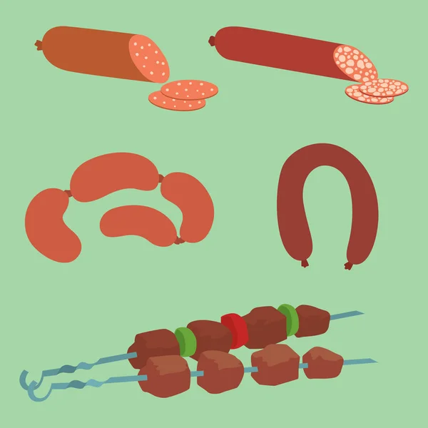 Carne productos conjunto de dibujos animados deliciosa barbacoa kebab variedad deliciosa comida gourmet y animal surtido rebanada cordero cocinado vector ilustración — Vector de stock