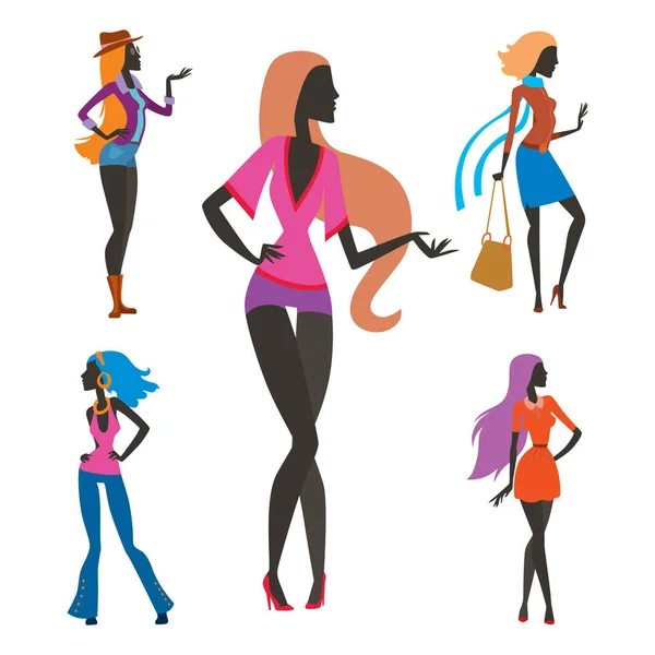 Fashion look fille silhouette belle fille femme femelle et jolie, jeune, modèle, style, cheveux, dame caractère glamour mignon vecteur illustration . — Image vectorielle