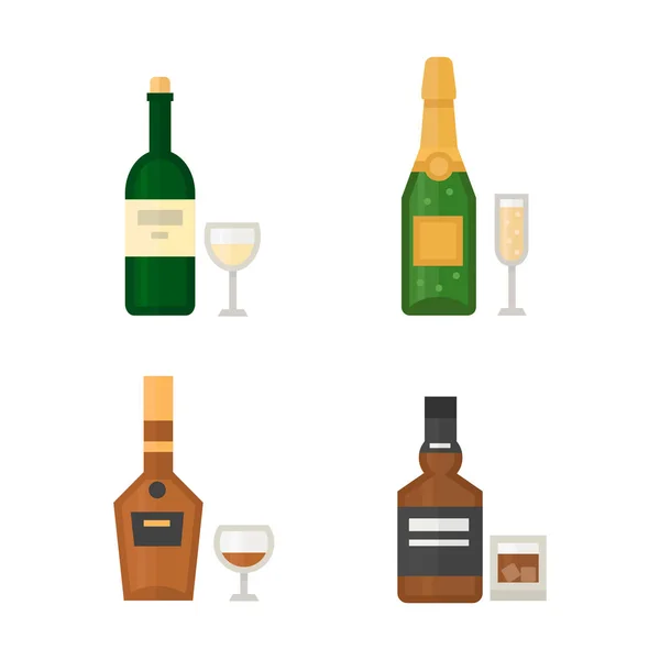 Bebidas alcohólicas bebidas cóctel whisky bebida botella lager refresco contenedor y menú borracho concepto diferente botella y vasos vector ilustración . — Vector de stock