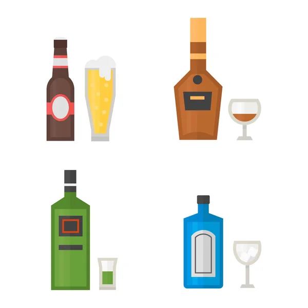 Alkohol pije nápoje koktejl whiskey nápoj láhev ležák občerstvení kontejner a menu opilý koncepce různých láhev a sklenice vektorové ilustrace. — Stockový vektor