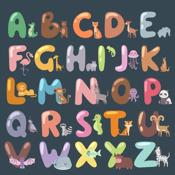 漫画動物の分離と面白い文字の野生動物とかわいい動物園アルファベットを学ぶタイポグラフィかわいい言語ベクトル図. — ストックベクタ