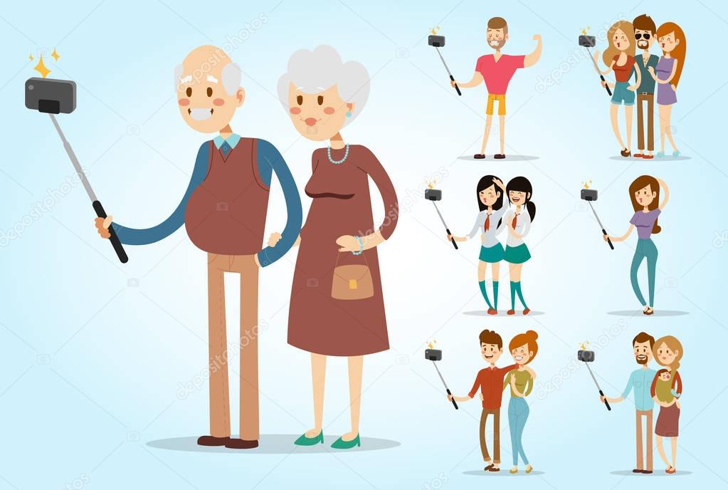 Selfie people isolated vector illustration character photo lifestyle set hipster smart flat camera smartphone person picture pensioners