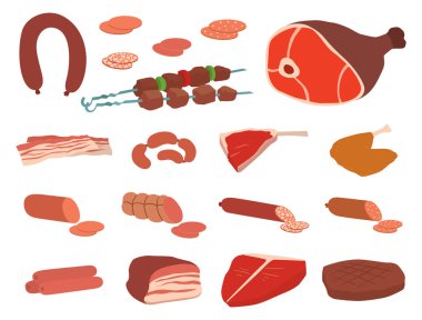 Et ürünleri dizi karikatür lezzetli mangal kebap çeşitli lezzetli gurme yemek ve hayvan çeşitliliği dilim kuzu vektör çizim pişmiş