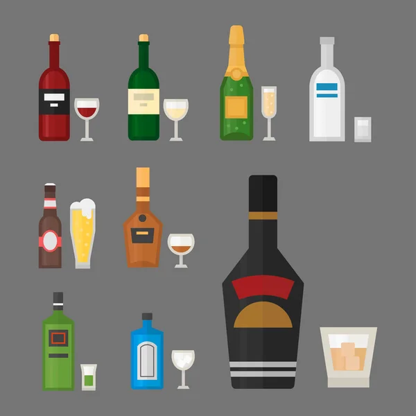Bebidas alcoólicas bebidas coquetel whisky bebida garrafa lager refresco recipiente e menu bêbado conceito diferente garrafa e óculos vetor ilustração . — Vetor de Stock