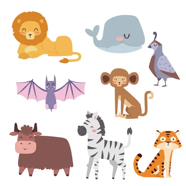 Cute zoo cartoon animals isolated funny wildlife learn cute language and tropical nature safari mammal jungle tall characters vector illustration. — Stock Vector