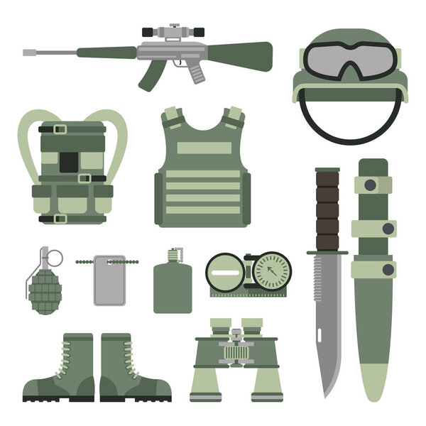 Military weapon guns symbols armor set forces design and american fighter ammunition navy camouflage sign vector illustration.