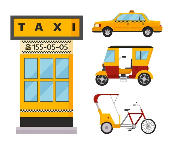 Taxi cab isolerade vektor illustration vit bakgrund passagerare bil transport gul ikon logga city lastbil van Last cykel olika — Stock vektor