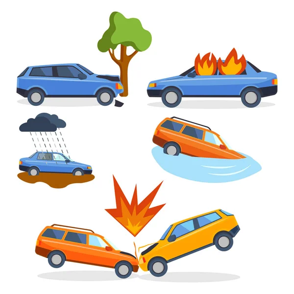 Acidente de carro colisão tráfego seguro segurança automóvel emergência desastre e emergência desastre velocidade reparação vetor ilustração . — Vetor de Stock