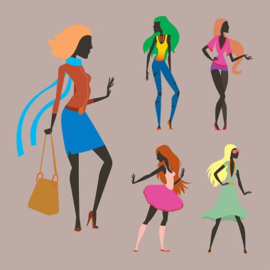 Bak kız moda siluet güzel kadın ve güzel, genç kız, model, Stil, saç, Bayan karakter glamour sevimli vektör çizim.