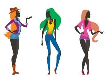 Bak kız moda siluet güzel kadın ve güzel, genç kız, model, Stil, saç, Bayan karakter glamour sevimli vektör çizim.