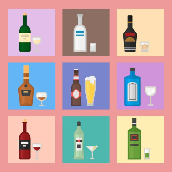 Bebidas alcohólicas bebidas cóctel tarjeta bebida botella lager refresco contenedor y menú borracho concepto diferente botella y vasos vector ilustración . — Vector de stock