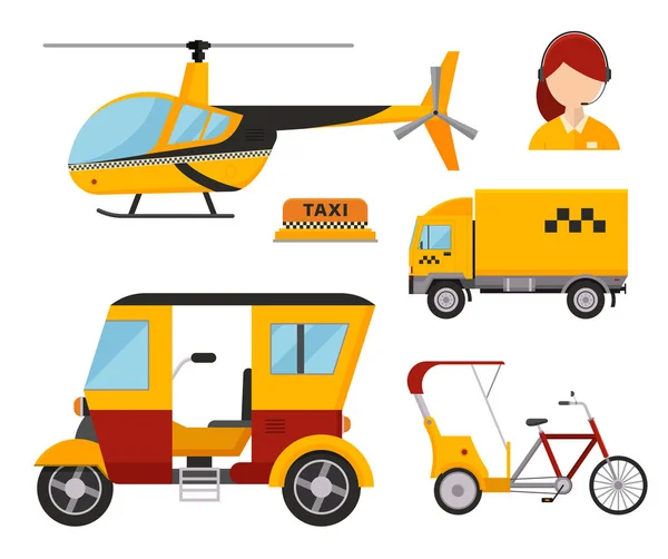 Taxi cab isolated vector illustration white background passenger car transport yellow icon truck van cargo helicopter bicycle dispatcher different — Stock Vector