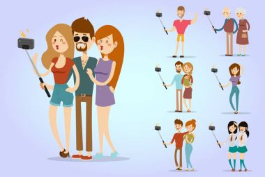 Selfie insanlar izole vektör çizim karakter fotoğraf yaşam tarzı set hipster akıllı düz kamera smartphone kişi resmi gençler
