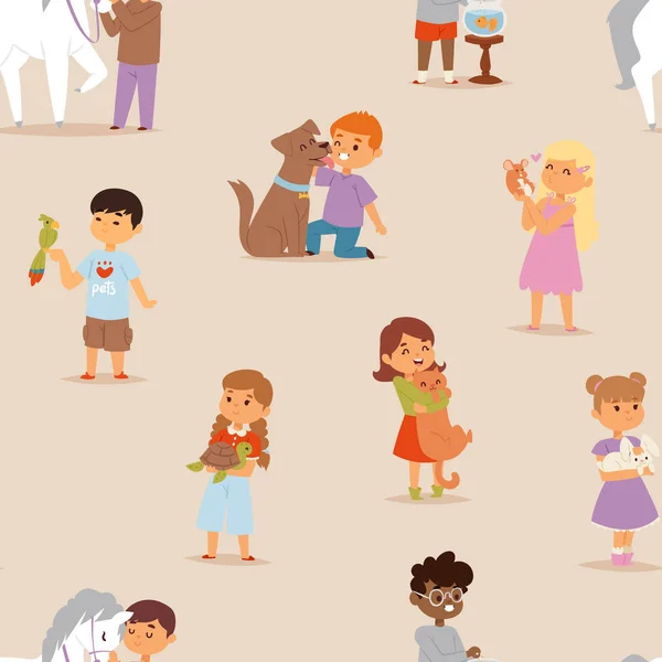 Yürümeye başlayan çocuk çizgi film çocuklar karakterleri küçük evcil hayvan dostluk vektör çizim seamless modeli — Stok Vektör