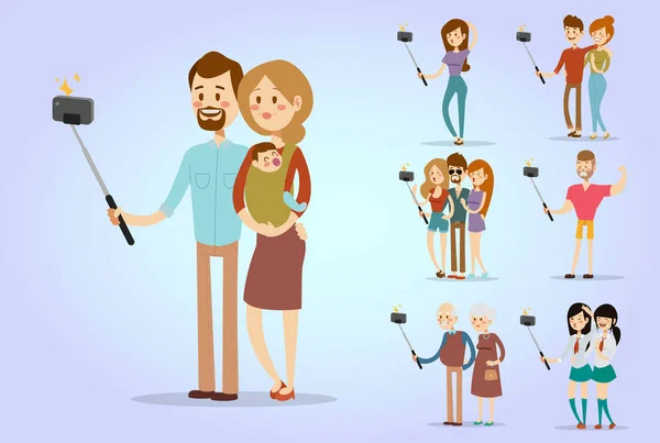 Selfie personnes isolé vecteur illustration personnage photo style de vie mis hipster smart appareil photo plat smartphone personne photo famille — Image vectorielle