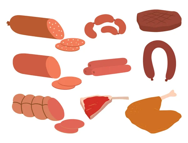 Набор мясных продуктов из мультфильма вкусный шашлык разнообразие деликатесов и ассортимент животных ломтик баранины приготовленные векторные иллюстрации — стоковый вектор