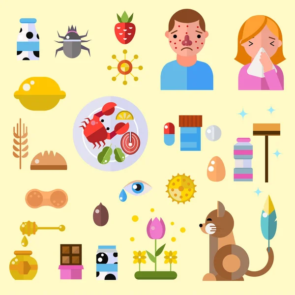 Symboles d'allergie comprimés de soins de santé virus et santé étiquetage plat personnes atteintes de maladie symptômes d'allergènes illustration vectorielle d'information sur la maladie . — Image vectorielle