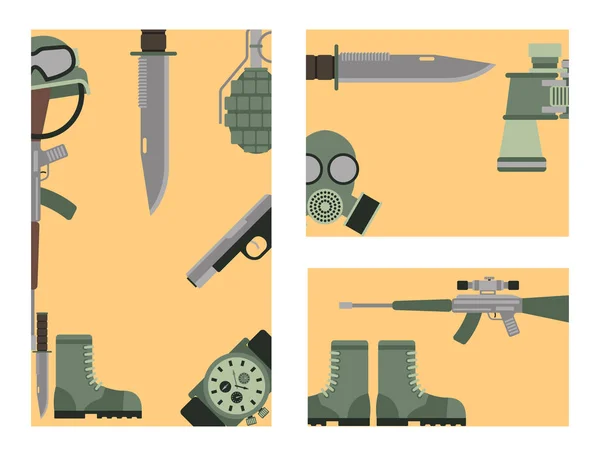 Armas militares armas símbolos armadura tarjetas fuerzas diseño y munición de combate americano marina camuflaje signo vector ilustración . — Vector de stock